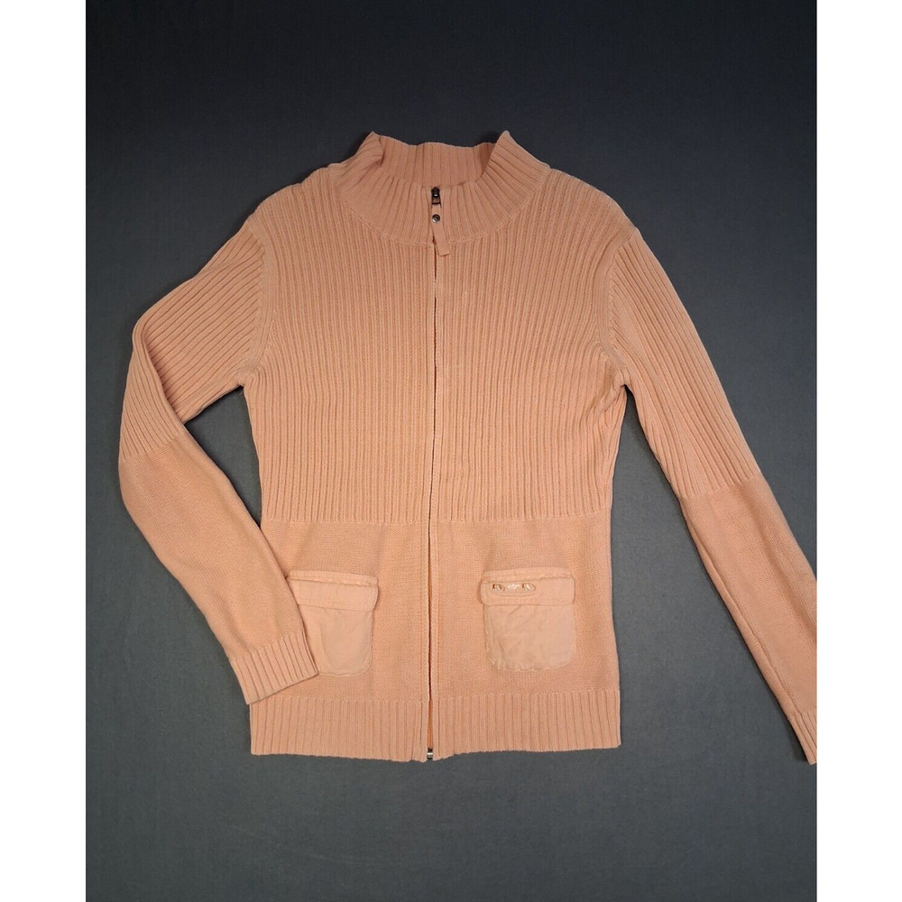 Mise Au Green Mockneck Full Zip Cable Knit Cotton Sweater Peach Women's Sz 2